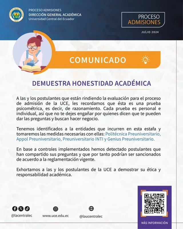 Imagen de Debes Demostrar Honestidad Académica en el Examen de la UCE 2024 2S