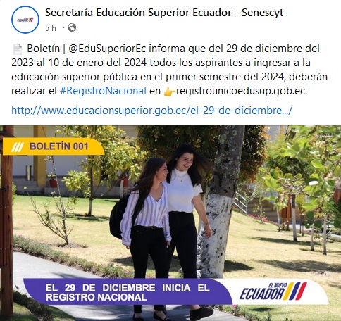 Imagen de Desde el 29 de diciembre de 2023 hasta el 10 de enero de 2024 inicia el Registro Nacional para el Acceso a la Educación Superior