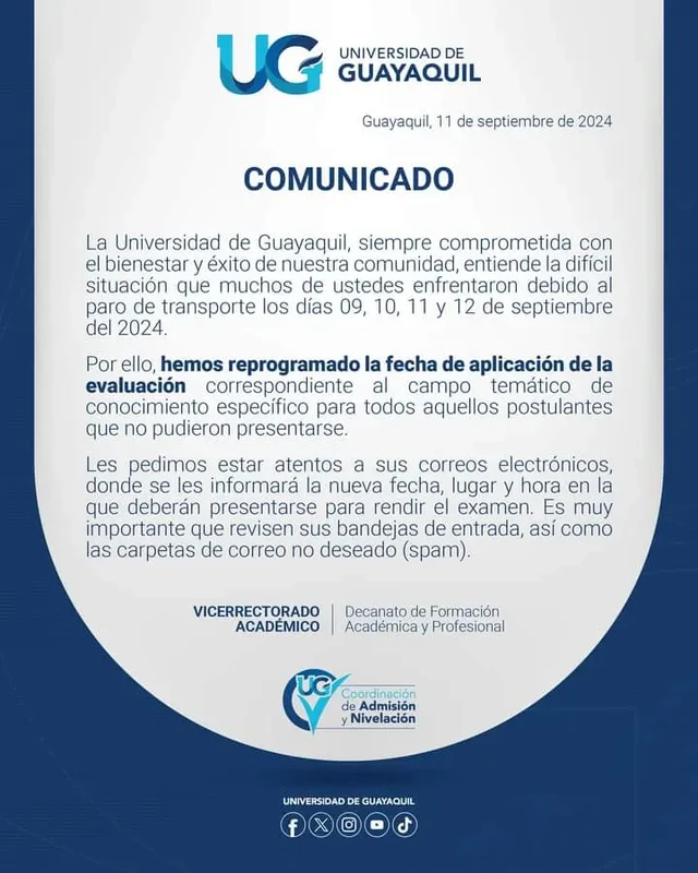 Imagen de Reprogramación del Examen en la Universidad de Guayaquil 2024 por Paro de Transporte