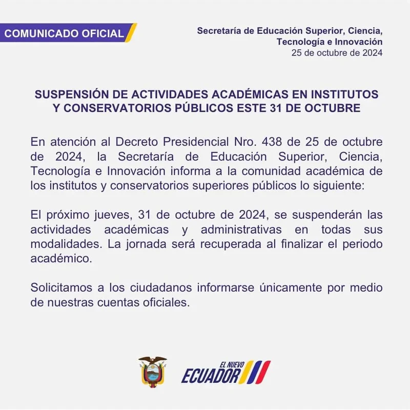 Imagen de Suspensión de Actividades Académicas: Institutos y Conservatorios Públicos el 31 de Octubre