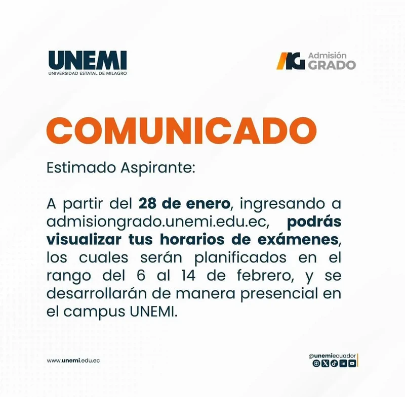 Imagen de Horarios para Exámenes UNEMI 2025 1S