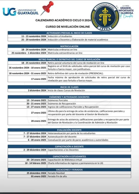 Imagen de UG Universidad de Guayaquil - Calendario Curso de Nivelación Online