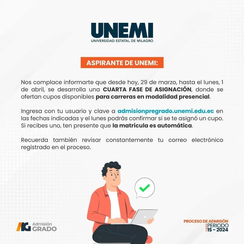 Imagen de Matriculación Automática UNEMI 2024 1S Siempre que se Asigne un Cupo