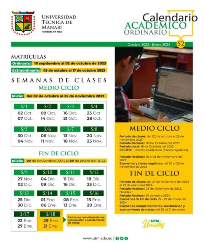 Imagen de Calendario Académico Ordinario de la UTM (Universidad Técnica de Manabí) 2S 2023