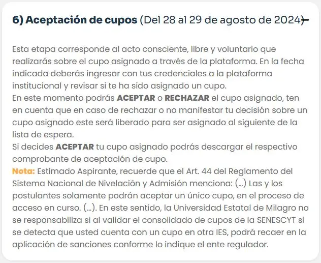 Imagen de Aceptación de Cupos UNEMI: Del 28 al 29 de Agosto de 2024