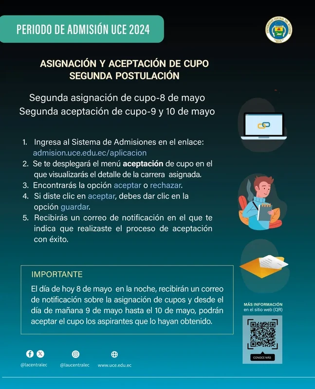 Imagen de Asignación y Aceptación de Cupo UCE: 8 y 9 de Mayo 2024