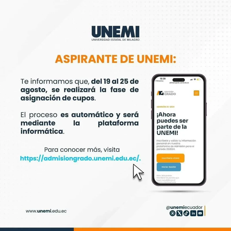 Imagen de Asignación de Cupos UNEMI: 19-25 Agosto 2024