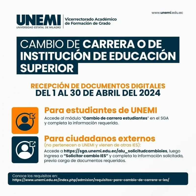 Imagen de Requisitos para cambios de Carrera o de Institución de Educación Superior (IES) UNEMI 2024 1S