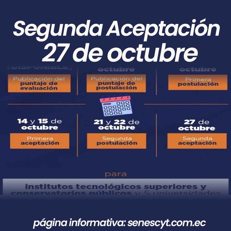 Imagen de Proceso de Segunda Aceptación de Cupos SENESCYT 2023 Segundo Periodo - Universidad en Ecuador