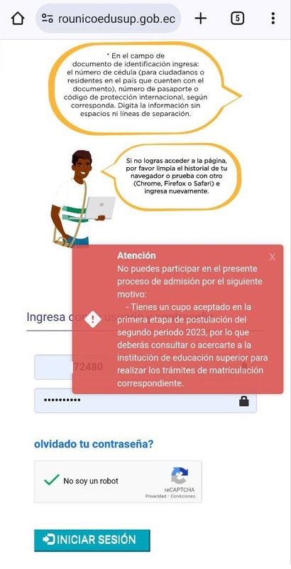 Imagen de Inhabilitación Segundo Proceso de Admisión 2023: Causa - Cupo Aceptado