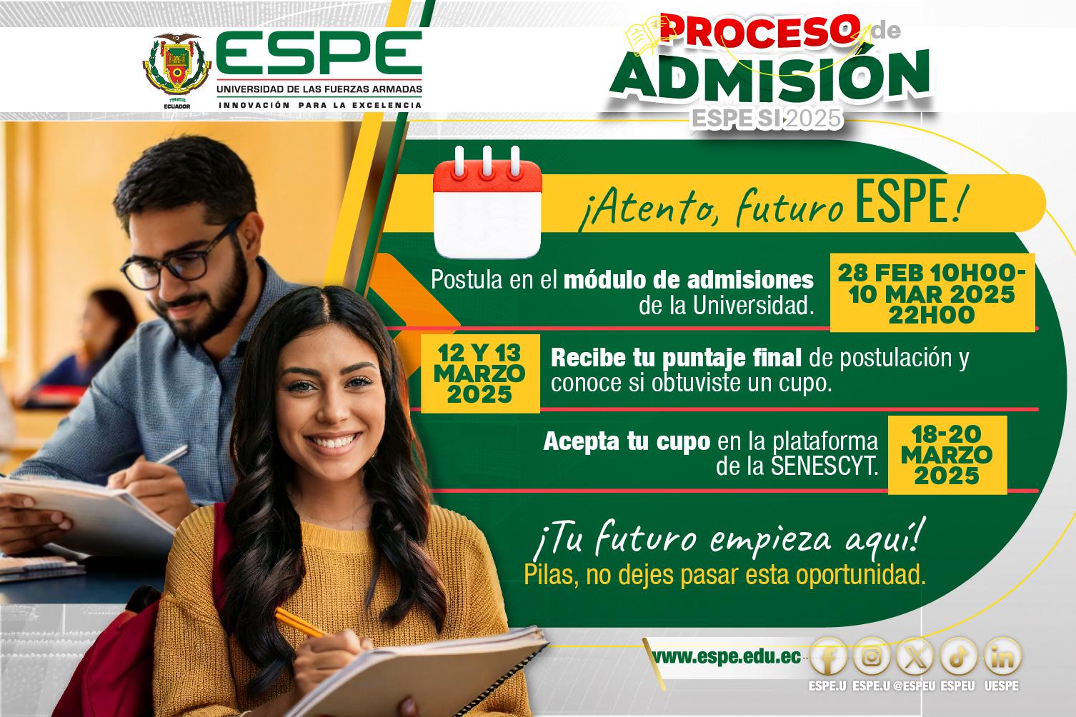 Imagen de 📅 Fechas clave: Puntaje final, postulación y aceptación de cupo ESPE 2025 - 1er semestre