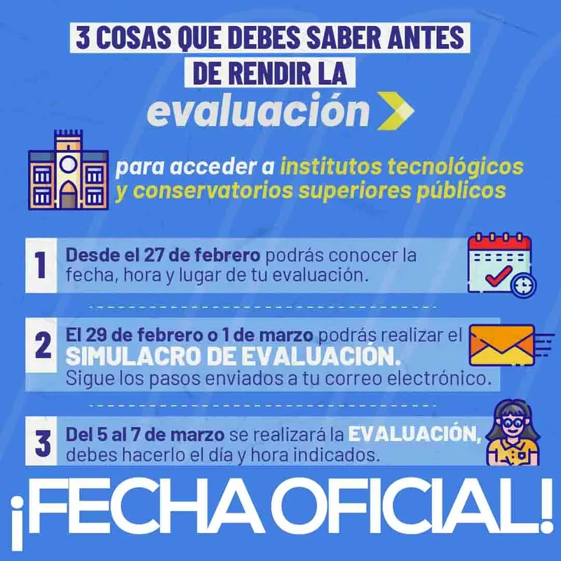 Imagen de Fecha Oficial de Evaluación para Acceder a Institutos Tecnológicos y Conservatorios Superiores Públicos