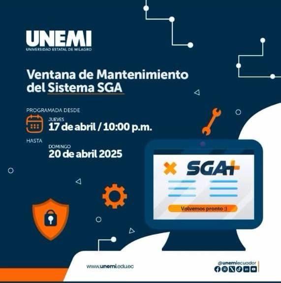 Imagen de Mantenimiento Programado del Sistema SGA UNEMI – Del 17 al 20 de abril de 2025