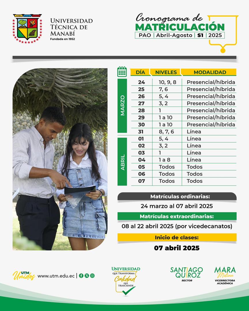 Imagen de Cronograma de Matriculación PAO Abril-Agosto 2025 | Universidad Técnica de Manabí