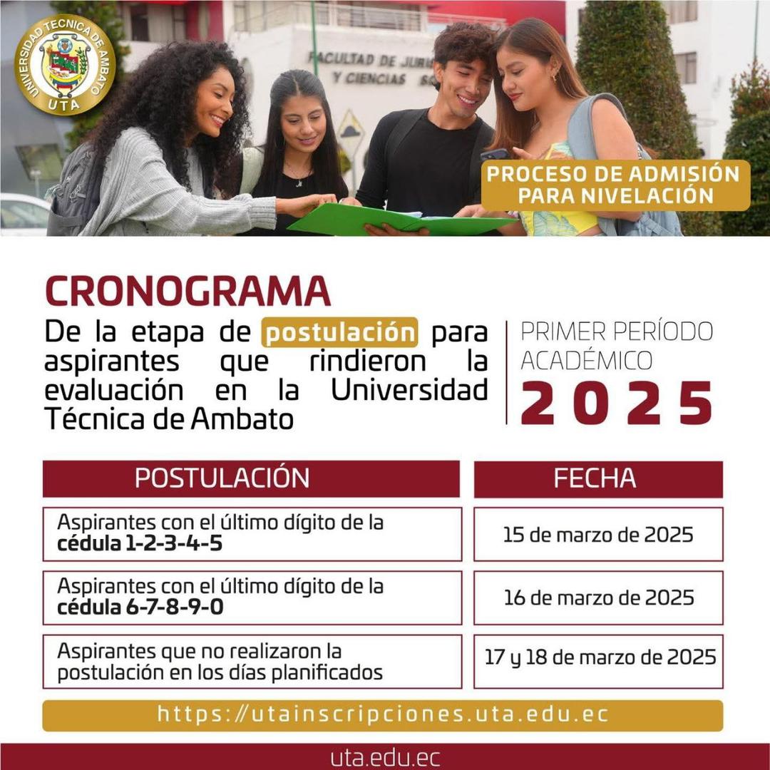 Imagen de Cronograma Oficial de Postulación 2025 Primer Período | Universidad Técnica de Ambato - UTA
