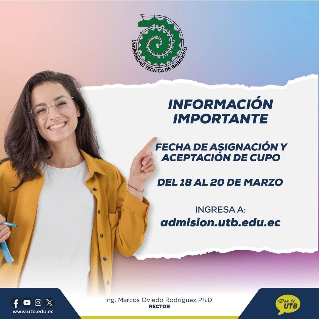 Imagen de Fecha de Asignación y Aceptación de Cupo UTB: Del 18 al 20 de Marzo