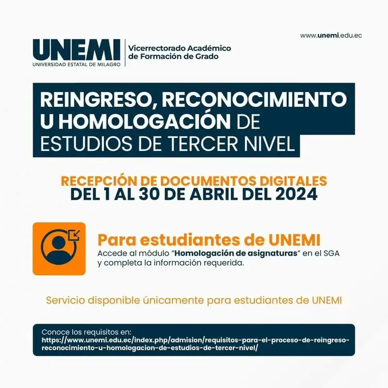 Imagen de Requisitos para el proceso de Reingreso, Reconocimiento u Homologación de estudios de Tercer Nivel UNEMI 2024 1S