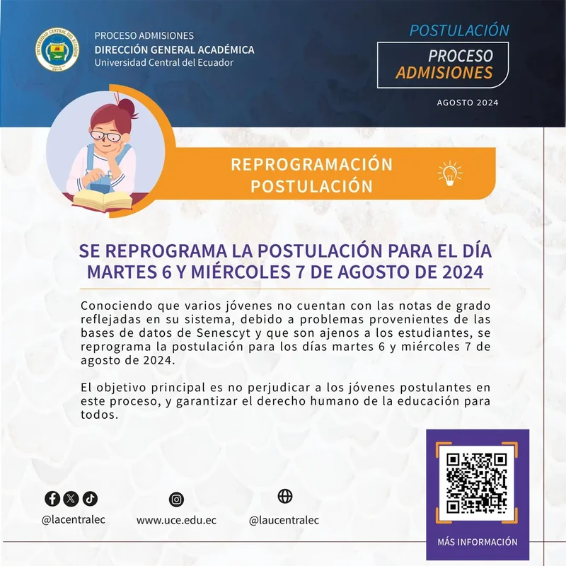 Imagen de Reprogramación de la Postulación UCE 2024 2S para el 6 y 7 de Agosto