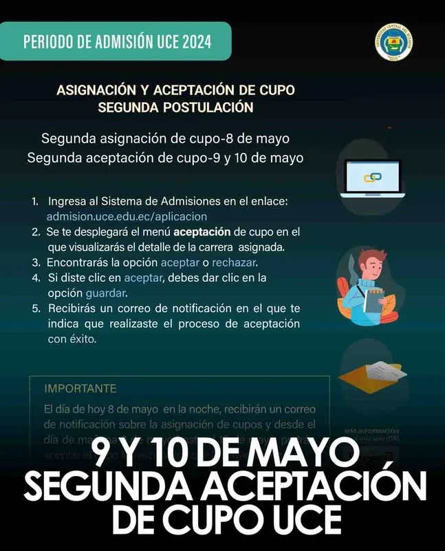 Imagen de Segunda Aceptación de Cupo UCE | 9 y 10 de Mayo 2024
