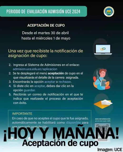 Imagen de Aceptación de Cupo UCE: 30 de abril y 01 de mayo