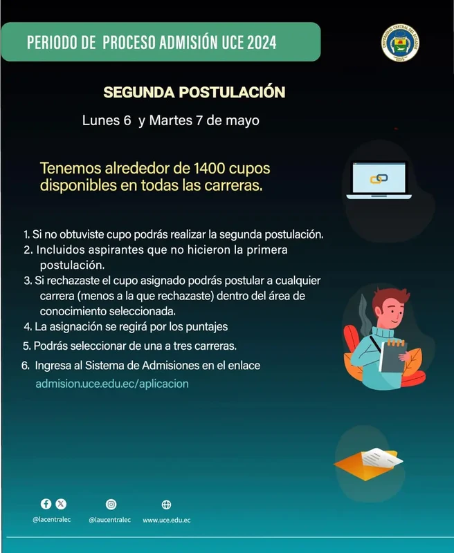 Imagen de Segunda Postulación UCE: Lunes 6 y Martes 7 de Mayo 2024