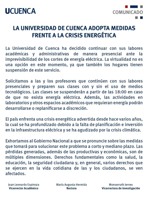 Imagen de UCuenca Implementa Medidas Presenciales ante la Crisis Energética 2024