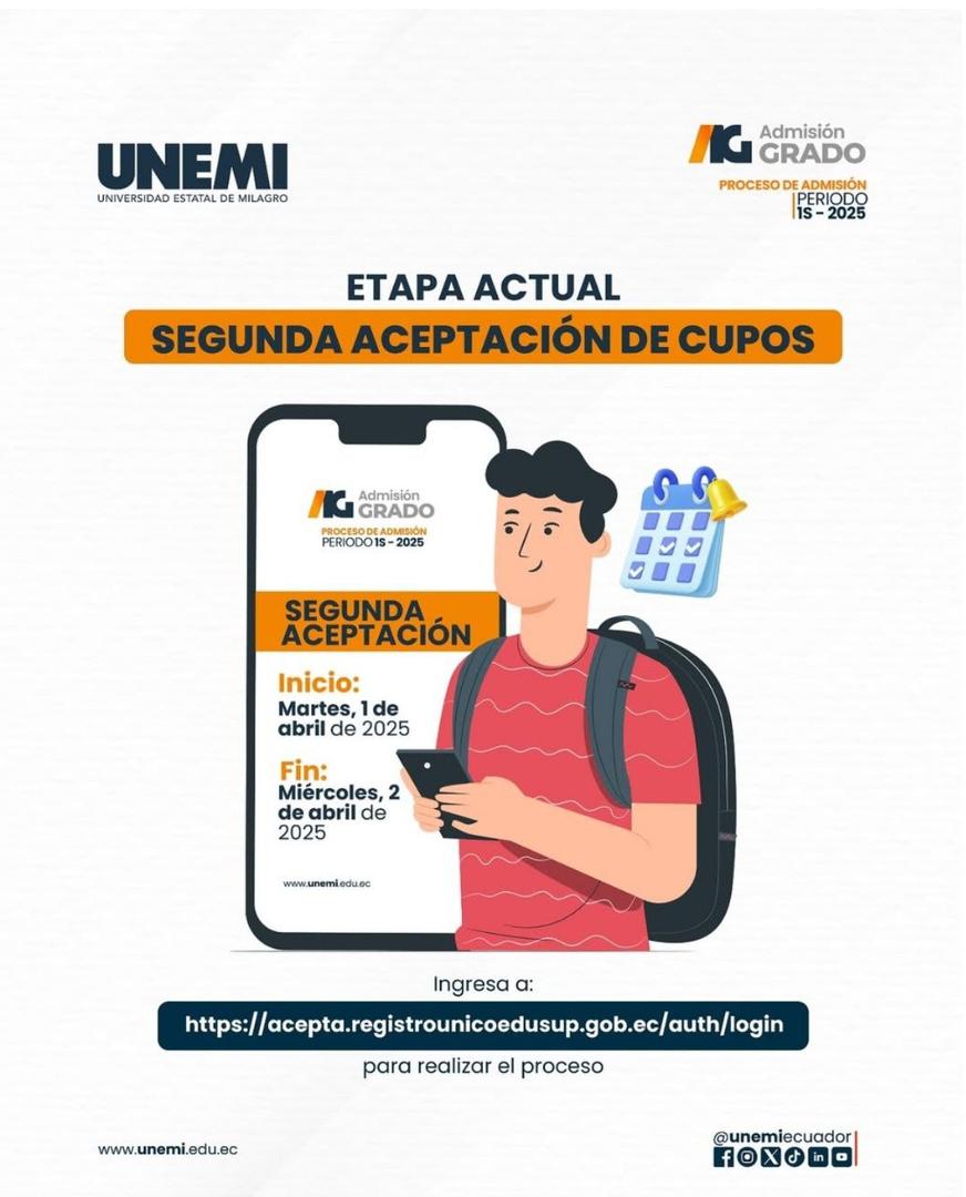 Imagen de Segunda Aceptación de Cupos | Proceso de Admisión 1S-2025 - UNEMI