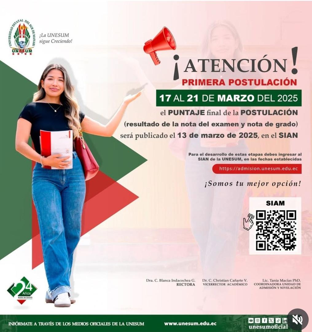 Imagen de Primera Postulación UNESUM 2025 1s | Universidad Estatal del Sur de Manabí